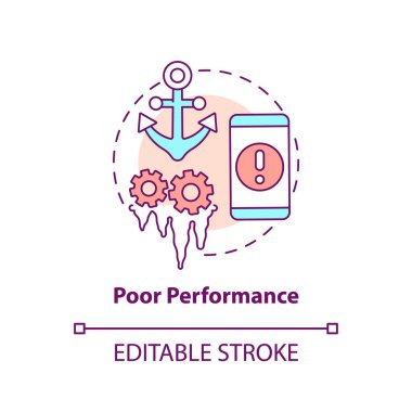 Kötü performans konsepti ikonu. Dondurucu ekran. Uygulamalar çöküyor. Hacklenmiş akıllı telefon soyut fikri ince çizgi çizimi. İzole bir taslak çizim. Düzenlenebilir felç. Arial, Myriad Pro-Kalın yazı tipleri