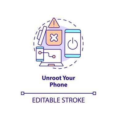 Telefon konsepti ikonunun kökünü çöz. Fabrika sıfırlandı. Akıllı telefon güvenliği. Hacker soyut fikir ince çizgi illüstrasyonunu kaldır. İzole bir taslak çizim. Düzenlenebilir felç. Arial, Myriad Pro-Kalın yazı tipleri