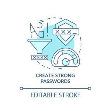 Güçlü bir parola turkuaz konsept simgesi oluştur. Giriş güvenliği. Güvenilir kilit veri soyut fikir ince çizgi çizimi. İzole bir taslak çizim. Düzenlenebilir felç. Arial, Myriad Pro-Kalın yazı tipleri