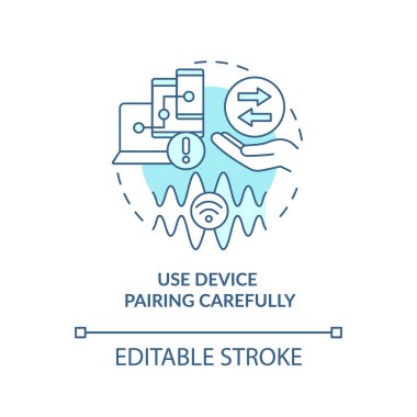 Cihazın turkuaz konsept simgesini dikkatlice eşleştirmesini kullan. Kablosuz bağlantı soyut fikir ince çizgi çizimlerini tehlikeye atar. İzole bir taslak çizim. Düzenlenebilir felç. Arial, Myriad Pro-Kalın yazı tipleri