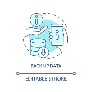 Veri türkuaz konsept simgesini yedekleyin. Bilgi kopyası oluşturuluyor. Siber güvenlik fikri soyut ince çizgi çizimi. İzole bir taslak çizim. Düzenlenebilir felç. Arial, Myriad Pro-Kalın yazı tipleri