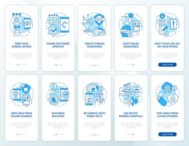 Akıllı telefon güvenliği mobil uygulama ekranında mavi ışık yakıyor. Doğrusal kavramlarla düzenlenebilir grafik yönergelerini 5 adımda gezdir. UI, UX, GUI şablonu. Kullanılan sayısız Pro-Kalın, Düzenli yazı tipleri