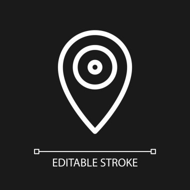 Koyu tema için konum işareti pikseli mükemmel beyaz doğrusal ui simgesi. Haritada yer alın. Navigasyon aleti. Vektör çizgisi çizimi. Gece modu için izole edilmiş kullanıcı arayüzü sembolü. Düzenlenebilir felç. Kullanılan Arial yazı tipi