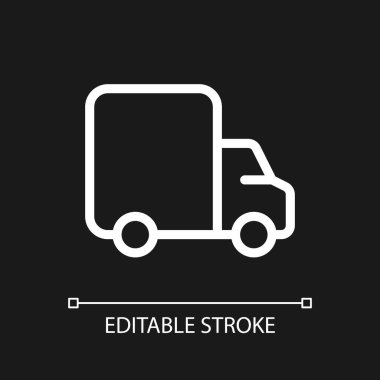 Lorry pikseli koyu renk tema için mükemmel beyaz doğrusal ui simgesi. Nakliye ve ulaşım hizmeti. Vektör çizgisi çizimi. Gece modu için izole edilmiş kullanıcı arayüzü sembolü. Düzenlenebilir felç. Kullanılan Arial yazı tipi