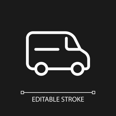 Van pikseli koyu renk tema için mükemmel beyaz doğrusal ui simgesi. Müşteri için ulaşım hizmeti. Vektör çizgisi çizimi. Gece modu için izole edilmiş kullanıcı arayüzü sembolü. Düzenlenebilir felç. Kullanılan Arial yazı tipi