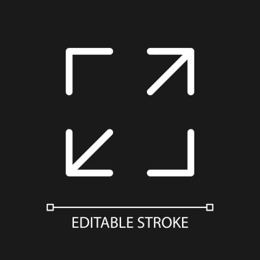 Ekran büyütme pikseli koyu tema için mükemmel beyaz doğrusal ui simgesi. Boyut değiştirme aracını göster. Vektör çizgisi çizimi. Gece modu için izole edilmiş kullanıcı arayüzü sembolü. Düzenlenebilir felç. Kullanılan Arial yazı tipi