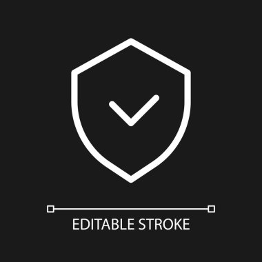 Siber güvenlik pikseli koyu tema için mükemmel beyaz doğrusal ui simgesi. Cihaz için antivirüs programı. Vektör çizgisi çizimi. Gece modu için izole edilmiş kullanıcı arayüzü sembolü. Düzenlenebilir felç. Kullanılan Arial yazı tipi