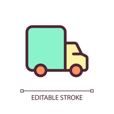 Lorry piksel mükemmel RGB renk ui simgesi. Nakliye ve ulaşım hizmeti. Basit doldurulmuş çizgi ögesi. Mobil uygulama için UX tasarımı. Vektör izole görüntü grafiği. Düzenlenebilir felç. Kullanılan Arial yazı tipi