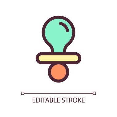 Emzik pikseli mükemmel RGB renk ui simgesi. Bebek kukla. Çocuk diş çıkarma yüzüğü. Basit doldurulmuş çizgi ögesi. Mobil uygulama için UX tasarımı. Vektör izole görüntü grafiği. Düzenlenebilir felç. Kullanılan Arial yazı tipi