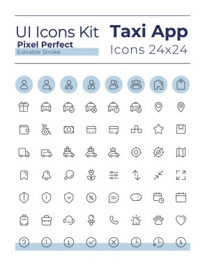 Taksi servisi pikseli mükemmel doğrusal ui simgeleri ayarlandı. Şehir araç siparişi. İş için dijital teknoloji. Ana hatları izole edilmiş kullanıcı arayüzü elemanları. Düzenlenebilir felç. Montserrat Kalın, Hafif yazı tipleri kullanıldı