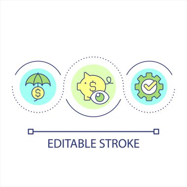 Finansal sistem döngü konseptini optimize et. Bütçe yönetimi. Para biriktiriyorum. Finans yönetmeliği soyut fikir ince çizgi çizimi. İzole bir taslak çizim. Düzenlenebilir felç. Kullanılan Arial yazı tipi