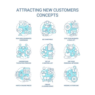 Yeni müşteriler turkuaz konsept simgeleri ayarlanıyor. Ticari ince çizgili renkli çizimler için yeni müşteriler bulmak. İzole semboller. Düzenlenebilir felç. Kullanılan Roboto-Orta, Myriad Pro-Kalın yazı tipleri