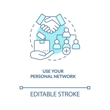 Kişisel ağ turkuaz konsept simgesi kullan. Yeni müşteriler bulmak soyut fikir ince çizgi çizimi stratejisi. İzole bir taslak çizim. Düzenlenebilir felç. Arial, Myriad Pro-Kalın yazı tipleri