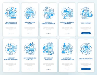 Mobil uygulama ekranında mavi müşteri bulmanın yolları. Doğrusal kavramlarla düzenlenebilir grafik yönergelerini 5 adımda gezdir. UI, UX, GUI şablonu. Kullanılan sayısız Pro-Kalın, Düzenli yazı tipleri