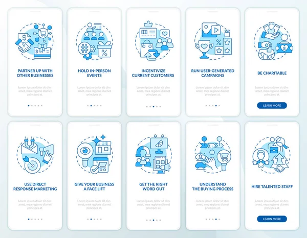 Wege Kunden Finden Blau Onboarding Mobile App Bildschirm Eingestellt Schritten — Stockvektor