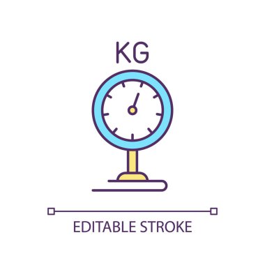Ağırlık RGB renk simgesi. Kilogram ölçekleri. Geleneksel denge. Boyutu hesapla. Ölçme aleti. İzole vektör çizimi. Basit bir çizgi çizimi. Düzenlenebilir felç. Kullanılan Arial yazı tipi