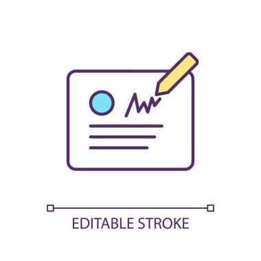 Özel imza RGB renk simgesi. Bizzat onaylayın. Kimlik bilgileri. Resmi belge. Yasal anlaşma. İzole vektör çizimi. Basit bir çizgi çizimi. Düzenlenebilir felç. Kullanılan Arial yazı tipi