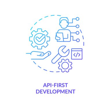 API ilk geliştirme mavi gradyan konsept simgesi. Dijital üretim. Web teknolojilerinin geleceği soyut fikir ince çizgi çizimi. İzole bir taslak çizim. Kullanılan sayısız Pro-Kalın yazı tipi