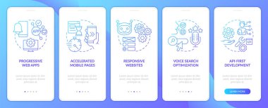 Mobil uygulama ekranında web teknolojilerinin geleceği mavi gradyan. Çizgisel kavramlarla birlikte 5 adımlık grafik talimatları gözden geçir. UI, UX, GUI şablonu. Kullanılan sayısız Pro-Kalın, Düzenli yazı tipleri