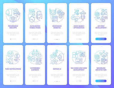 Mobil uygulama ekranında dijital teknoloji eğilimi mavi gradyan. Çizgisel kavramlarla birlikte 5 adımlık grafik talimatları gözden geçir. UI, UX, GUI şablonu. Kullanılan sayısız Pro-Kalın, Düzenli yazı tipleri