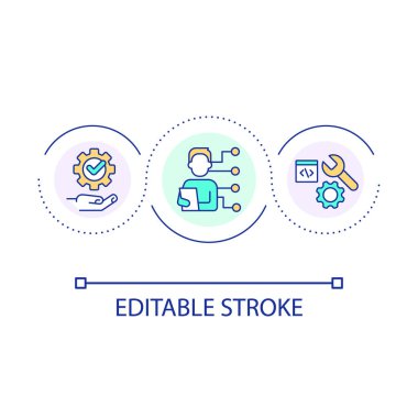 Yazılım ara döngü konsepti simgesi. Web geliştirme eğilimi. Kodlama uygulaması. Programlama araçları soyut fikir ince çizgi çizimi. İzole bir taslak çizim. Düzenlenebilir felç. Kullanılan Arial yazı tipi