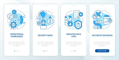 Mobil uygulama ekranında mavi verileri optimize etmenin avantajları. Doğrusal kavramlarla düzenlenebilir grafik yönergelerini dört adımda gözden geçir. UI, UX, GUI şablonu. Kullanılan sayısız Pro-Kalın, Düzenli yazı tipleri