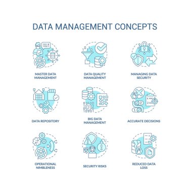 Veri yönetimi turkuaz konsept simgeleri ayarlandı. Bilgi yönetim sistemi fikri ince çizgi renkli çizimler. İzole semboller. Düzenlenebilir felç. Kullanılan Roboto-Orta, Myriad Pro-Kalın yazı tipleri