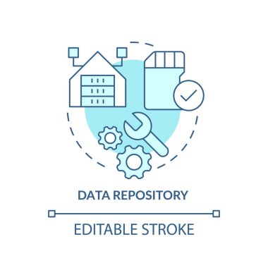 Veri deposu turkuaz konsept simgesi. Dijital bilgi depolama fikri soyut ince çizgi çizimi. İzole bir taslak çizim. Düzenlenebilir felç. Arial, Myriad Pro-Kalın yazı tipleri
