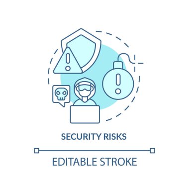 Güvenlik, turkuvaz konsept ikonunu riske atıyor. Güçlü veri yönetim sistemi fikri soyut ince çizgi çizimi. İzole bir taslak çizim. Düzenlenebilir felç. Arial, Myriad Pro-Kalın yazı tipleri