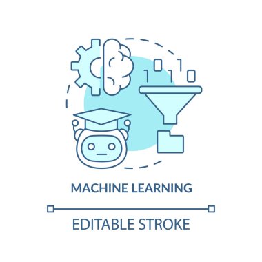 Makine öğrenme turkuaz konsept simgesi. Yenilik teknolojisi. Robot gelişimi soyut fikir ince çizgi çizimi. İzole bir taslak çizim. Düzenlenebilir felç. Arial, Myriad Pro-Kalın yazı tipleri