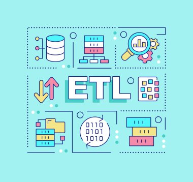 ETL kelimesi turkuaz pankart kavramını içeriyor. Veritabanı işlemi. Analitik strateji. Renk arkaplanında düzenlenebilir simgelere sahip bilgi grafikleri. İzole tipografi. Metinli vektör illüstrasyonu. Kullanılan Arial-Black yazı tipi