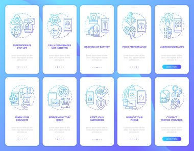 Mobil uygulama ekranında cep telefonu hackleme saldırısı mavi gradyan. Çizgisel kavramlarla birlikte 5 adımlık grafik talimatları gözden geçir. UI, UX, GUI şablonu. Kullanılan sayısız Pro-Kalın, Düzenli yazı tipleri