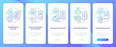 Akıllı telefon hackleme, mobil uygulama ekranında mavi gradyan saldırısına uğradı. Çizgisel kavramlarla birlikte 5 adımlık grafik talimatları gözden geçir. UI, UX, GUI şablonu. Kullanılan sayısız Pro-Kalın, Düzenli yazı tipleri