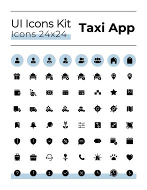 Taksi servisi siyah glyph ui simgeleri ayarlandı. Şehir araç siparişi. Beyaz uzayda siluet sembolleri. Ağ ve cep telefonu için sağlam resimler. İzole vektör çizimleri. Montserrat Kalın, Hafif yazı tipleri kullanıldı