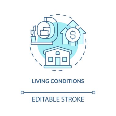 Yaşam koşulları turkuaz konsept simgesi. Kapsayıcı büyüme endeksinin bodrumu soyut fikir ince çizgi çizimi. İzole bir taslak çizim. Düzenlenebilir felç. Arial, Myriad Pro-Kalın yazı tipleri