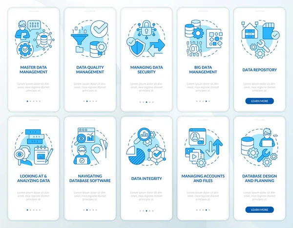 Processus Réglementation Des Données Bleu Onboarding Mobile App Screen Set — Image vectorielle