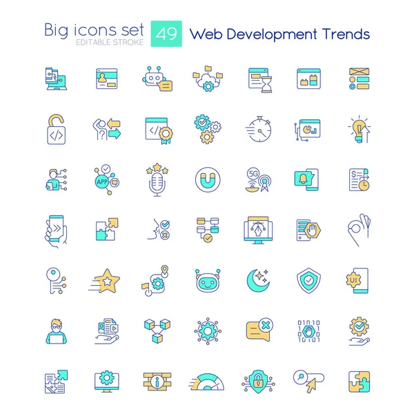 Stock vector Web development trends RGB color big icons set. Website production future. Digital technology tendency. Isolated vector illustrations. Simple filled line drawings collection. Editable stroke