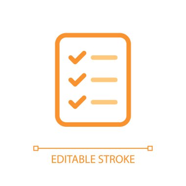 Tamamlanmış görev piksellerinin kontrol listesi mükemmel renk doğrusal ui simgesi. İş planlayıcısı. Proje yönetimi. GUI, UX tasarımı. Taslak izole edilmiş kullanıcı arayüzü piktogramı. Düzenlenebilir felç. Kullanılan Arial yazı tipi