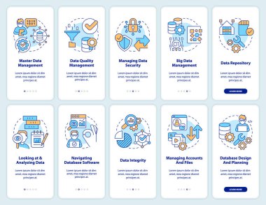 Mobil uygulama ekranındaki veri yönetimi süreci. Analitik, doğrusal kavramlarla birlikte düzenlenebilir grafik talimatlarını 5 adımda gözden geçirir. UI, UX, GUI şablonu. Kullanılan sayısız Pro-Kalın, Düzenli yazı tipleri