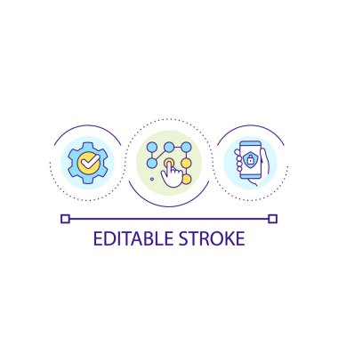 Ekran parola döngüsü konsepti simgesi. Dijital güvenlik. Cihaz güvenliği. Güvenilir giriş verisi soyut fikir ince çizgi çizimi. İzole bir taslak çizim. Düzenlenebilir felç. Kullanılan Arial yazı tipi