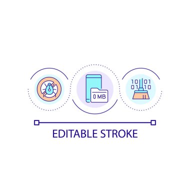 Akıllı telefon virüsleri döngü konsepti simgesini kaldır. Antivirüs yazılımı. Kötü amaçlı yazılımı sil. Fabrika soyut fikri sıfırlayarak ince çizgiler çiziyor. İzole bir taslak çizim. Düzenlenebilir felç. Kullanılan Arial yazı tipi