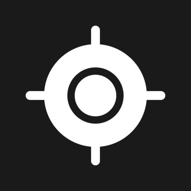 Hedef karanlık mod glyph ui simgesi. Seçilen hedefe odaklan. Pazarlama aracı. Kullanıcı arayüzü tasarımı. Siyah uzayda beyaz siluet sembolü. Ağ ve cep telefonu için sağlam bir resim. Vektör izole illüstrasyonu