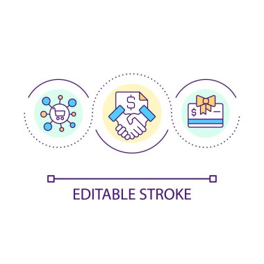 Ortak satış konsepti ikonu. Yeni müşteriler çekmek için pazarlama stratejisi. Ortak program soyut fikir ince çizgi çizimi. İzole bir taslak çizim. Düzenlenebilir felç. Kullanılan Arial yazı tipi