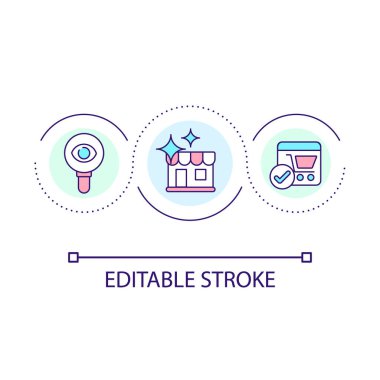Görsel kimlik döngüsü konsepti simgesi. Estetik öneme sahip. Müşterileri çekmek için pazarlama stratejisi soyut fikir ince çizgili illüstrasyon. İzole bir taslak çizim. Düzenlenebilir felç. Kullanılan Arial yazı tipi