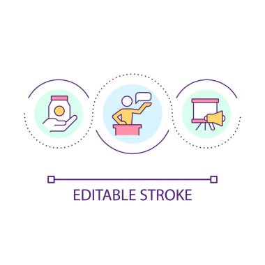 Konferans döngüsü konsepti ikonunda şirketi tanıt. Başlangıç stratejisi. Potansiyel müşterileri bulmak soyut fikirlerin ince çizgilerini bozar. İzole bir taslak çizim. Düzenlenebilir felç. Kullanılan Arial yazı tipi