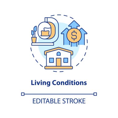 Yaşam koşulları konsept simgesi. Zenginlik seviyesi. Kapsayıcı gelişim indeksinin temel direği soyut fikir ince çizgi çizimi. İzole bir taslak çizim. Düzenlenebilir felç. Arial, Myriad Pro-Kalın yazı tipleri