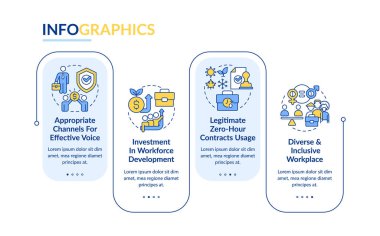 Adil çalışma politikası dikdörtgen bilgi şablonu. Sosyal eşitlik. Veri görselleştirmesi 4 adımda. Düzenlenebilir zaman çizelgesi. Satır simgeleriyle çalışma akışı düzeni. Kullanılan Lato Kalın, Düzenli yazı tipleri