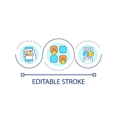 Farklı parola döngü konsepti simgesi kullan. Güçlü giriş verileri. Hacklemeyi önle. Güvenlik soyut fikri ince çizgi çizimini hesapla. İzole bir taslak çizim. Düzenlenebilir felç. Kullanılan Arial yazı tipi