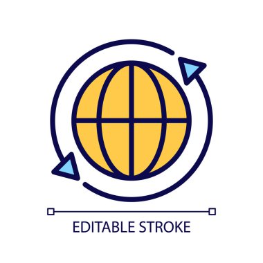 Uluslararası değişim piksel mükemmel RGB renk simgesi. Dünya çapında finansal etkileşim. Dünya para transferi. İzole vektör çizimi. Basit bir çizgi çizimi. Düzenlenebilir felç. Kullanılan Arial yazı tipi