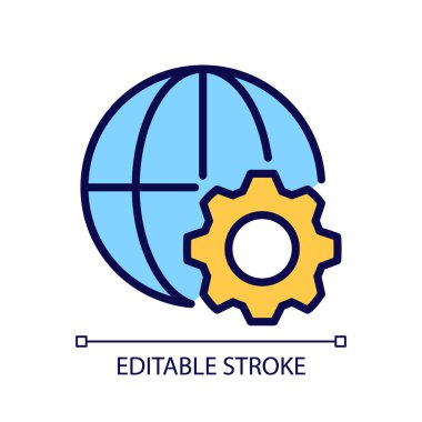 Küreselleşme süreci pikseli mükemmel RGB renk simgesi. Uluslararası bütünlük. Dünya çapındaki iş ilişkileri. İzole vektör çizimi. Basit bir çizgi çizimi. Düzenlenebilir felç. Kullanılan Arial yazı tipi